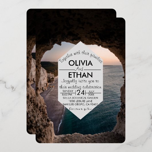 Navy Zeegezicht Strand Zomer Bruiloft Folie Uitnodiging (Voorkant / Achterkant)