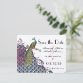 Navy & Zeer Berry Elegant Damask Peacock Wedding Save The Date (Staand voorkant)