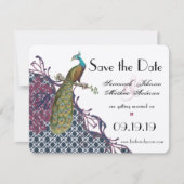 Navy & Zeer Berry Elegant Damask Peacock Wedding Save The Date (Voorkant)