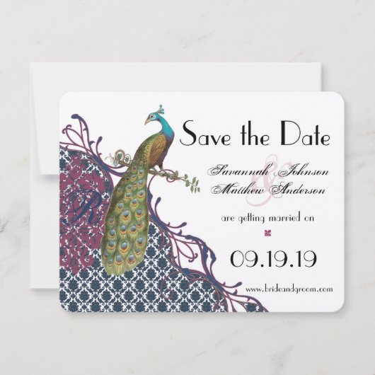 Navy & Zeer Berry Elegant Damask Peacock Wedding Save The Date (Voorkant)