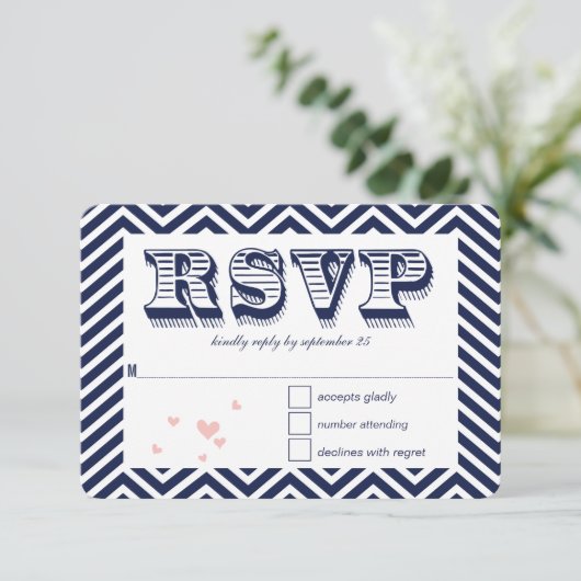 Navy Zig Zag Typography Wedding RSVP (Staand voorkant)