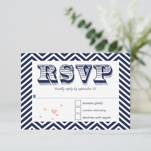 Navy Zig Zag Typography Wedding RSVP (Staand voorkant)
