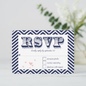 Navy Zig Zag Typography Wedding RSVP Kaartje (Staand voorkant)