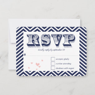 Navy Zig Zag Typography Wedding RSVP Kaartje
