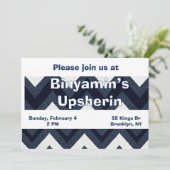 Navy zigzag upsherin uitnodiging (Staand voorkant)