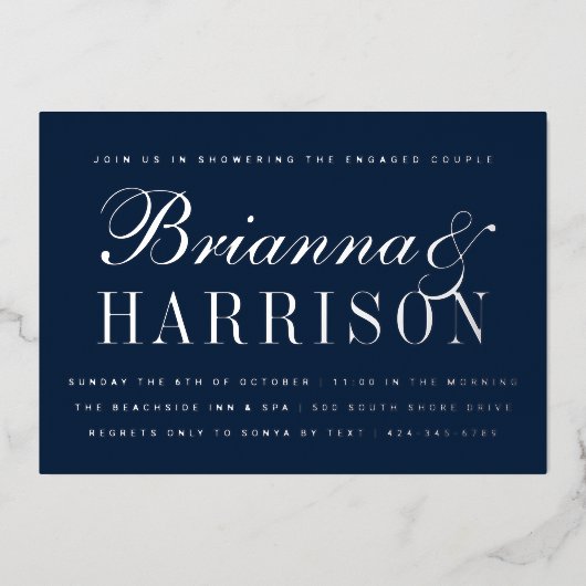 Navy Zijne en Hers Elegant Couples Shower Silver Folie Uitnodiging (Voorkant)