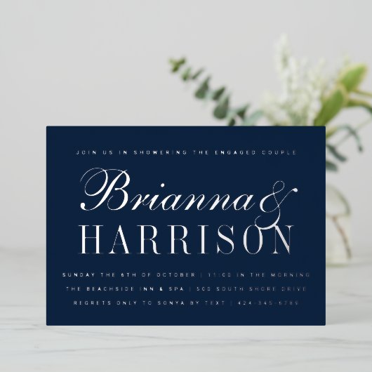 Navy Zijne en Hers Elegant Couples Shower Silver Folie Uitnodiging (Staand Voorkant)