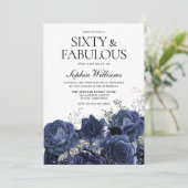 Navy & Zilver Bloemen 60e Verjaardag Prachtig Kaart (Staand voorkant)