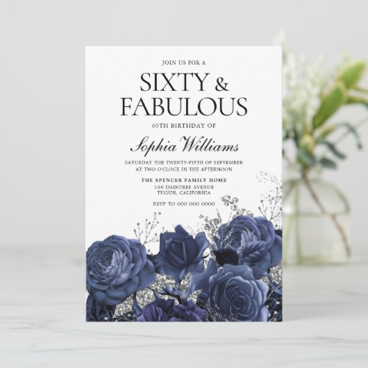 Navy & Zilver Bloemen 60e Verjaardag Prachtig Kaart (Staand voorkant)