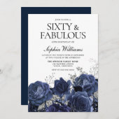 Navy & Zilver Bloemen 60e Verjaardag Prachtig Kaart (Voorkant / Achterkant)