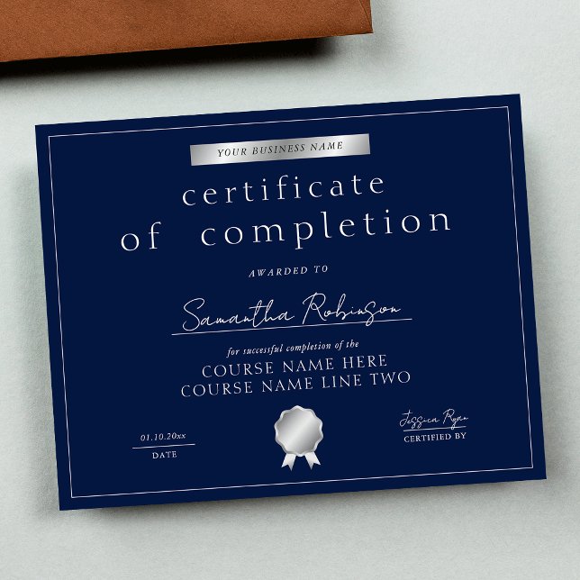 Navy & Zilver Certificaat van Voltooiing Cursus On (Creator heeft geüpload)
