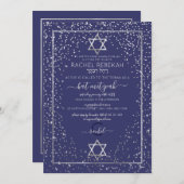 Navy Zilver Glitter Confetti Rand Bat Mitzvah Kaart (Voorkant / Achterkant)