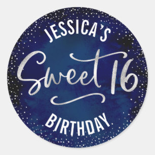 Navy Zilver Glitter Sweet 16 Waterverf Verjaardag Ronde Sticker