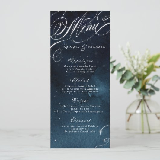 Navy zilver  kalligrafie glam bruiloft menu (Staand voorkant)