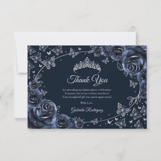 Navy Zilver Quinceanera Bedankkaart (Voorkant)