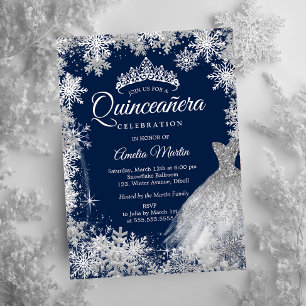 Navy Zilver Winter Sneeuwvlok Quinceanera Folie In Uitnodiging