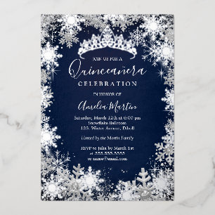 Navy Zilver Winter Sneeuwvlok Quinceanera Folie Uitnodiging