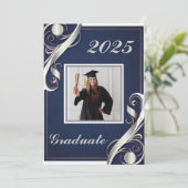 Navy Zilver Witte Afstuderen Kaart (Staand voorkant)