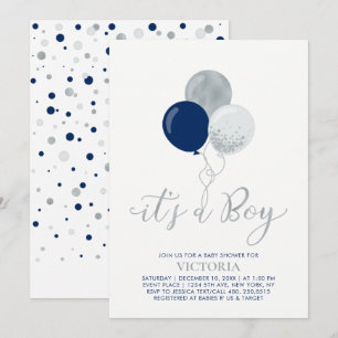 Navy & Zilveren Ballonnen   Het is een Jongen Baby Kaart