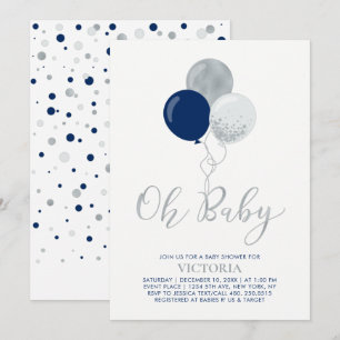 Navy & Zilveren Ballonnen   Oh Baby Boy Baby Showe Kaart