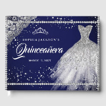 Navy Zilveren Diamant Glitter Jurk Quinceanera