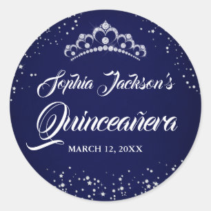 Navy Zilveren Diamant Glitter Tiara Quinceanera Ronde Sticker