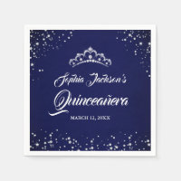 Navy Zilveren Diamanten Kant Glans Jurk Quinceaner