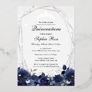 Navy Zilveren Glitter Bloemen Tiara Quinceanera Folie Uitnodiging