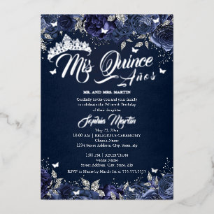 Navy Zilveren Roos Mis Quince Quinceanera Folie Uitnodiging