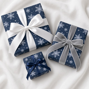 Navy Zilveren Sneeuwvlok Winter Wonderland Patroon Cadeaupapier