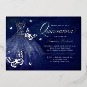 Navy zilveren vlinderjurk Quinceanera Folie Uitnodiging (Voorkant)