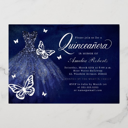 Navy zilveren vlinderjurk Quinceanera Folie Uitnodiging (Voorkant)
