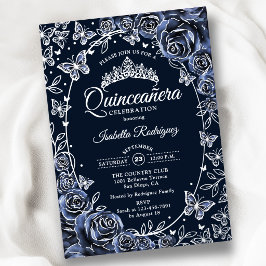 Navy Zilveren Vlinders Rozen Quinceanera Folie Uitnodiging