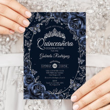 Navy Zilveren Vlinders Rozen Quinceanera