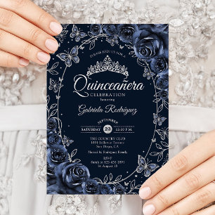 Navy Zilveren Vlinders Rozen Quinceanera Kaart