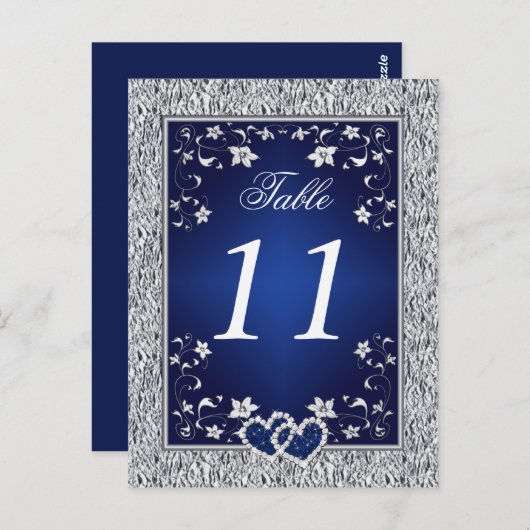 Navy, Zilvergrijs Bloemen Tafel Nummer Briefkaart (Voorkant / Achterkant)