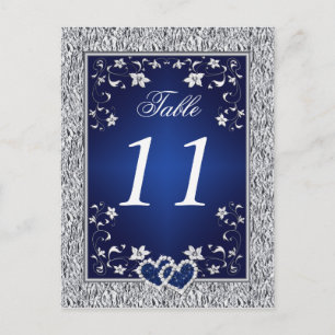 Navy, Zilvergrijs Bloemen Tafel Nummer Briefkaart