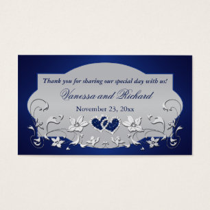 Navy, zilvergrijs bloemmotief, harten bruiloft gun visitekaartjes