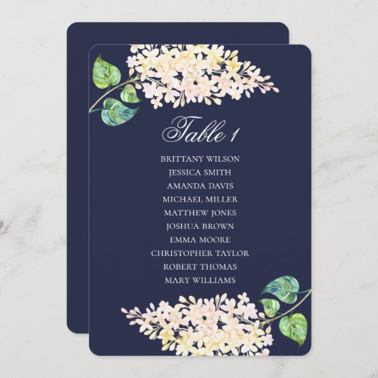 Navy zitkaart. Witte lila bloemenbruiloft Kaart (Voorkant / Achterkant)