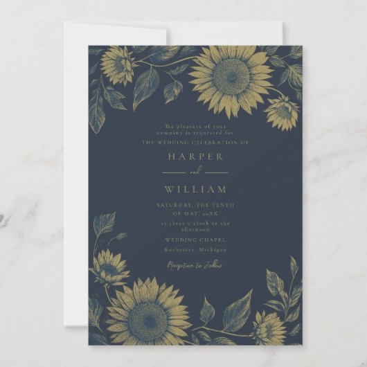 Navy zonnebloem bruiloft kaart (Voorkant)