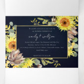 NAVY ZONNEBLOEM EUCALYPTUS WATERVERF FLORA TROUW DRIELUIK UITNODIGING (Binnenkant midden)