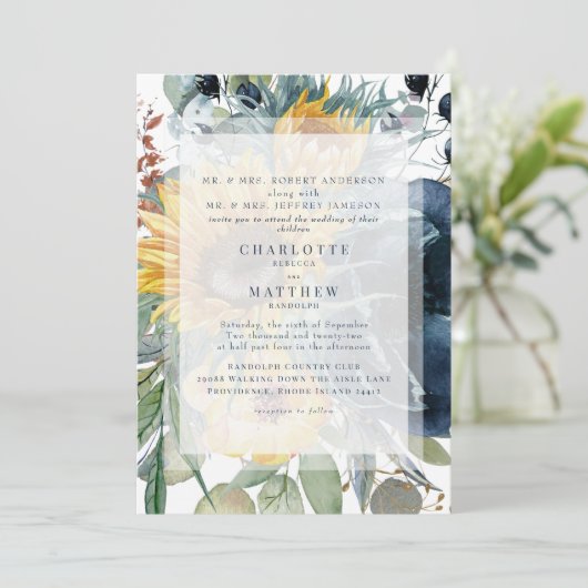 Navy & Zonnebloem Herfst Bloemen Bruiloft Kaart (Staand voorkant)