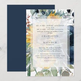 Navy & Zonnebloem Herfst Bloemen Bruiloft Kaart