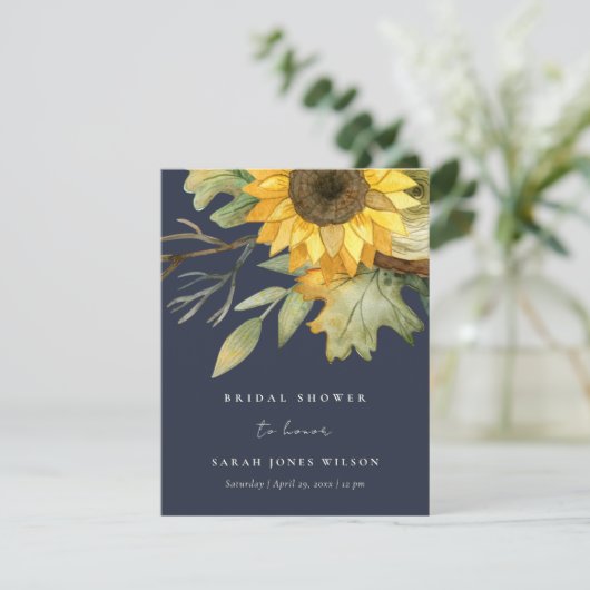 Navy Zonnebloem Waterverf Bloemen Vrijgezellenfees Kaart (Staand voorkant)