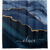 Navyblauw agaat geode gouden monogram douchegordijn (Voorkant)