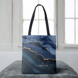 Navyblauw agaat geode gouden monogram tote bag