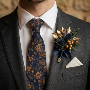 Navyblauw & Antiek Goud Bloemachtig Huwelijk Stropdas