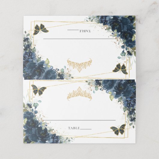 Navyblauw bloemig goud Quinceañera 16e verjaardag Plaatskaartje (Buitenkant ongevouwen)