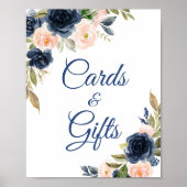 Navyblauw & Blush Bloemen Bruiloft Kaarten en Cade Poster (Voorkant)