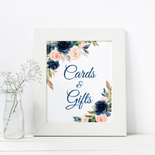 Navyblauw & Blush Bloemen Bruiloft Kaarten en Cade Poster